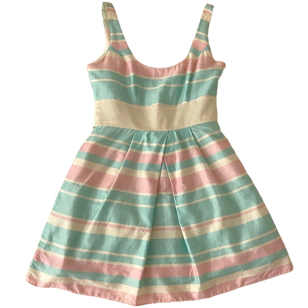 Red Herring Pastel Pink & Blue Striped Sleeveless Fit & Flare Bow Dress